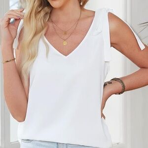 BLENCOT V Neck Bow Tie Strap Sleeveless Blouse White Size XL